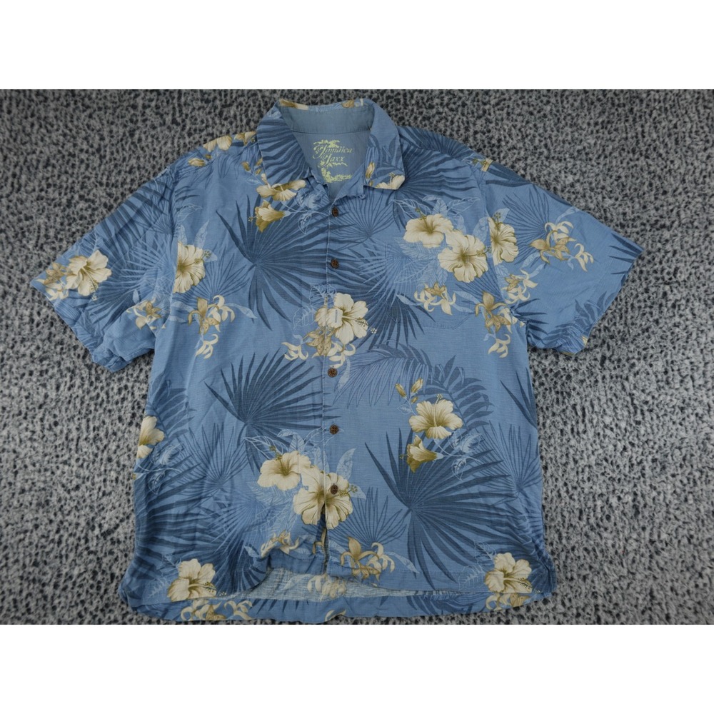 Jamaica Jaxx‎ Button Up Shirt Mens Large Blue Silk Floral Hawaiian Tropical Good